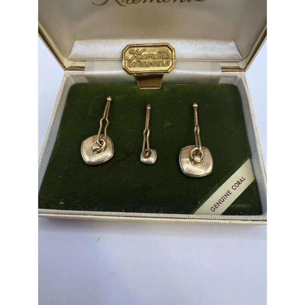 Vintage Krementz 14kt Gold Overlay Cufflinks & Tie Bar w/ Box